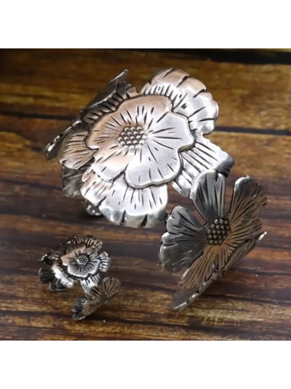 Silvertone Floral Cuff Bracelet and Ring Set - Picture 2 of 5